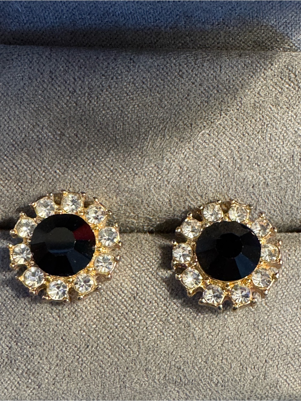 Vintage Black & Clear Rhinestone Halo Stud Earrings